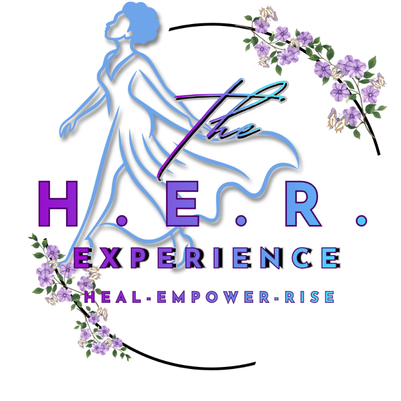 A blue outline of a woman and purple floral accents frame the text "The H.E.R. EXPERIENCE" and "HEAL-EMPOWER-RISE" against a plain white background.