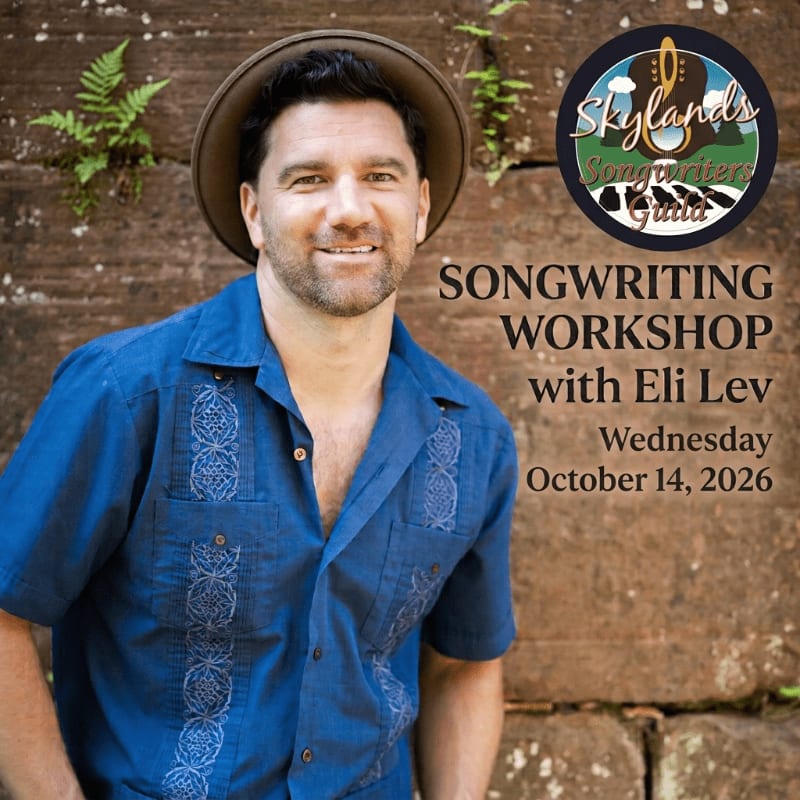 A man in a blue shirt and brown hat stands in the foreground against a textured stone wall background with promotional text for a songwriting workshop.