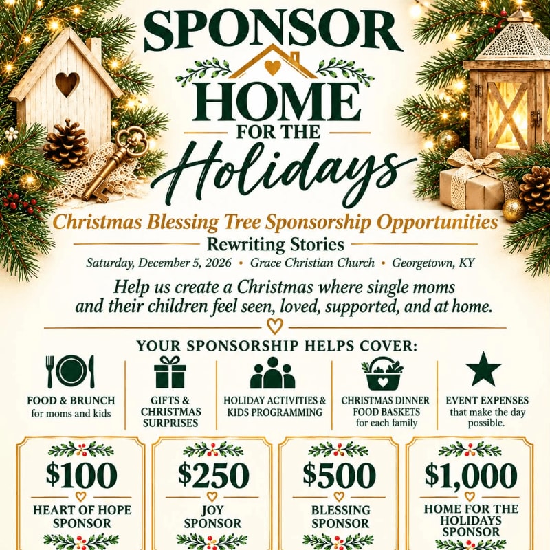 A promotional flyer for a holiday sponsorship event features festive greenery, a small wooden house, and a lantern framing a central text area with donation tiers.