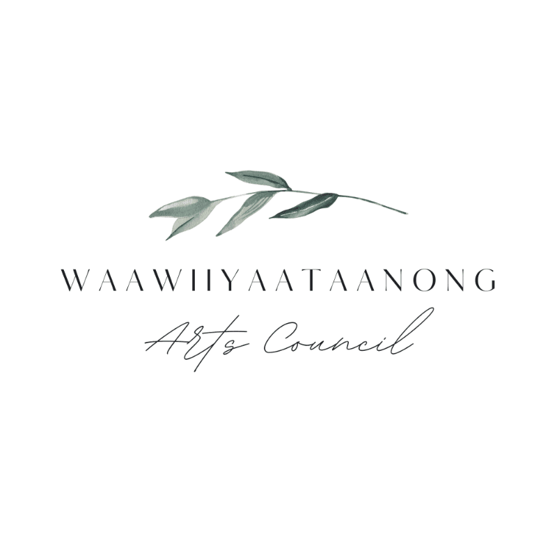 A green leaf sprig and the text "WAAWIYAATAANONG Arts Council" are centered on a plain white background.