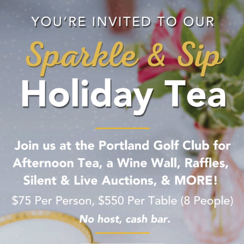 An invitation for a "Sparkle & Sip Holiday Tea" event is overlaid on a blurred background featuring pink flowers in a vase.