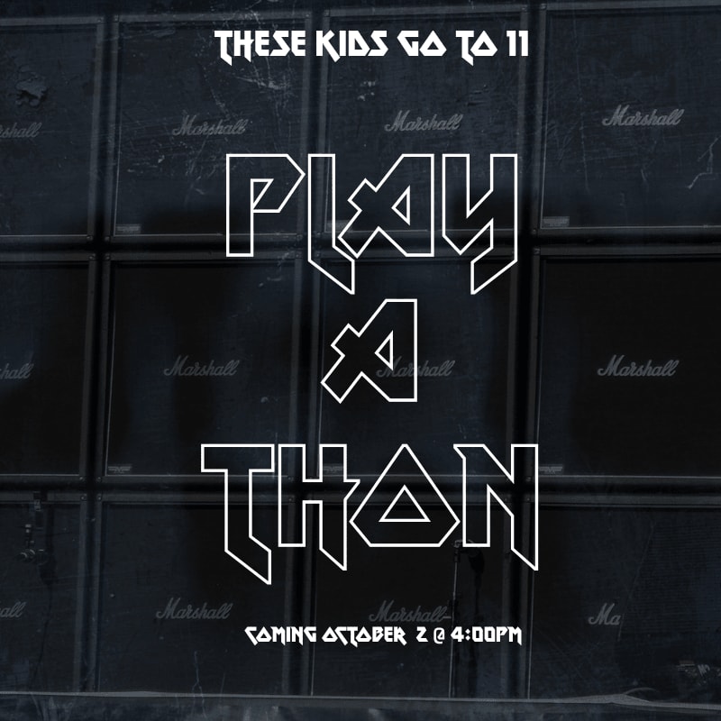 White stylized text reading "PLAY X THAN" is centered over a background of stacked black Marshall amplifiers.