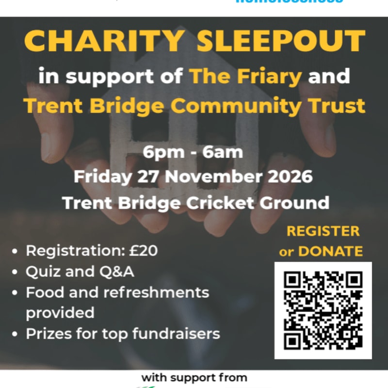 Yellow and white text detailing a charity sleepout event is overlaid on a background featuring a person's hands holding a small house model.
