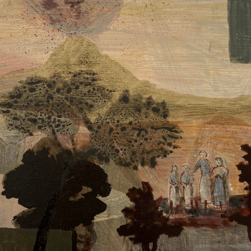 Four figures stand in a landscape foreground featuring dark foliage, set against a background of rolling hills and a pale sky.