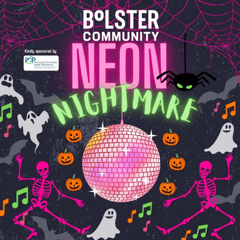 A pink and white disco ball is surrounded by dancing skeletons, ghosts, and pumpkins in the foreground, set against a dark purple background with spiderwebs and a large spider.