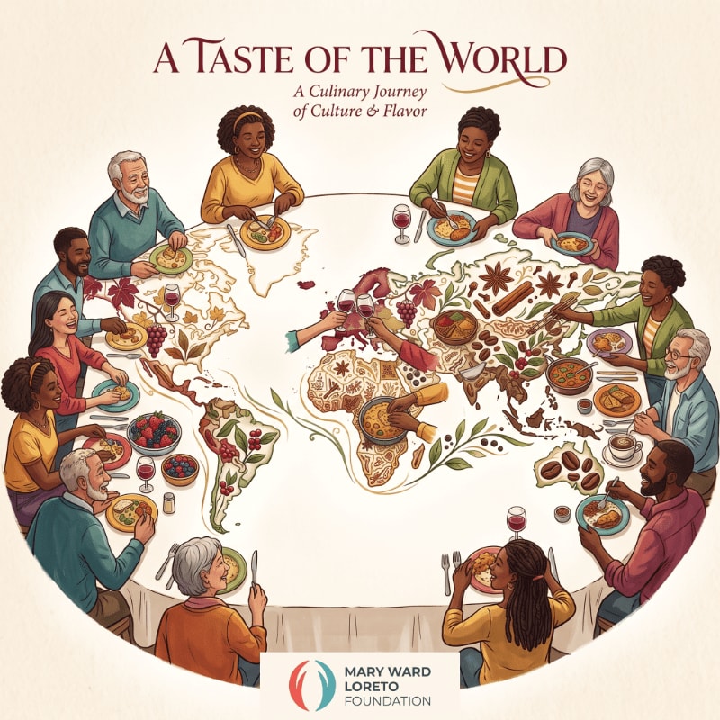 A diverse group of people sit around a circular table featuring a world map filled with various global cuisines, set against a plain cream background.
