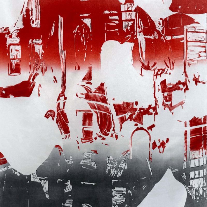 Abstract red and black shapes create a fragmented cityscape in the foreground against a stark white and red gradient background.