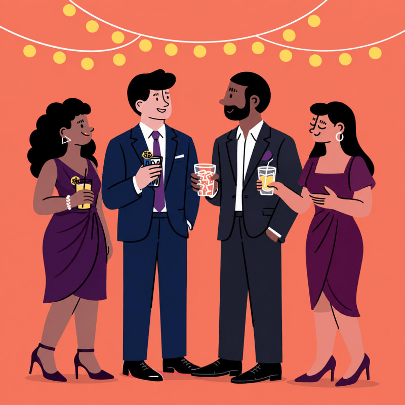 Four elegantly dressed people hold drinks and converse in the foreground against a coral background adorned with a string of glowing lights.