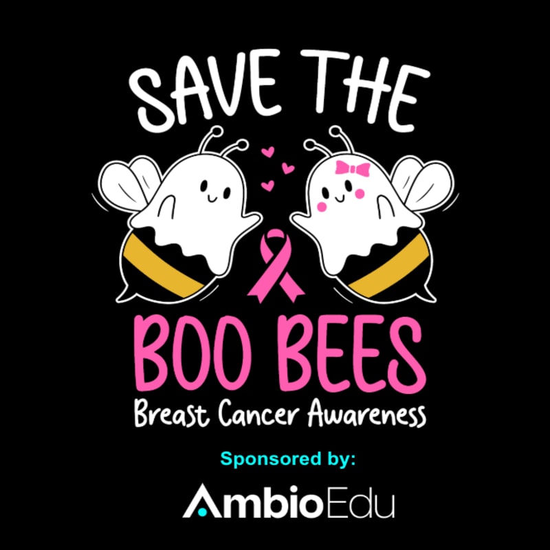 Two ghost-bees and a pink ribbon are centered against a black background with text for breast cancer awareness.