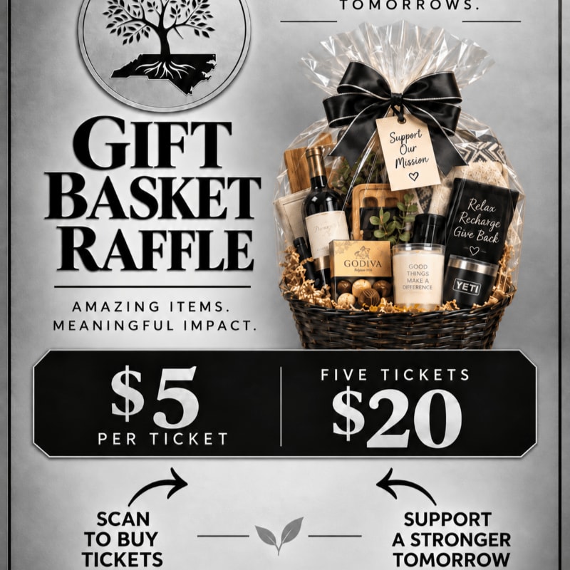 A gift basket filled with various treats and a bottle of wine sits in the foreground against a light grey background featuring raffle details and pricing.