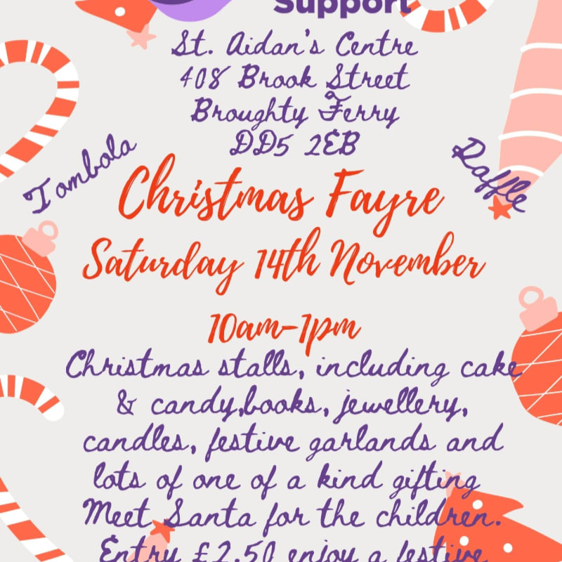 A Christmas Fayre announcement with red and purple text is surrounded by festive illustrations of candy canes and ornaments on a light grey background.