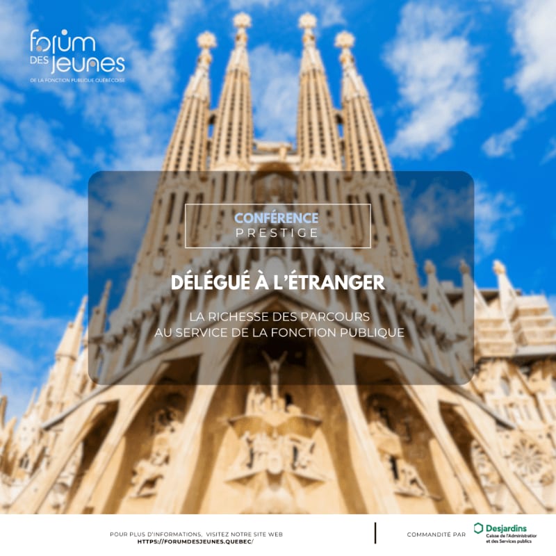 A blue text overlay with conference details sits in the foreground against a background of the Sagrada Família under a bright blue sky.