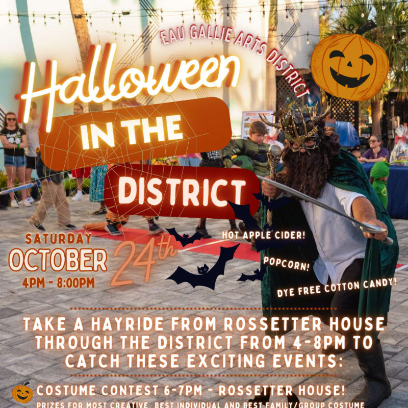 A costumed man stands in the foreground of a Halloween event flyer, with people and an outdoor street scene in the background.