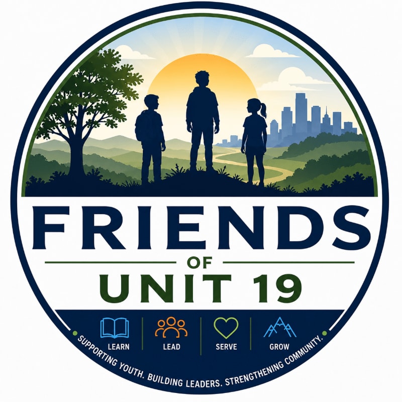 Three children stand in silhouette against a rising sun and a distant city skyline, positioned above the text "FRIENDS OF UNIT 19" within a circular emblem.