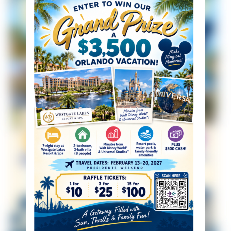 A promotional flyer for a $3,500 Orlando vacation giveaway features travel details and prize icons in the foreground against a sunny background of palm trees and resort imagery.