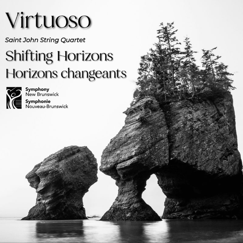 Large rock formations with trees on top stand in the water against a plain white background, accompanied by text for the Saint John String Quartet.