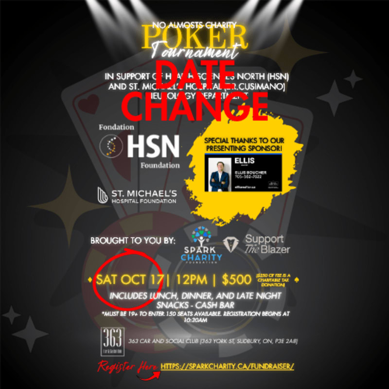 A poker tournament flyer with a dark background and spotlight effects in the background, and event details, sponsors, and registration information in the foreground.