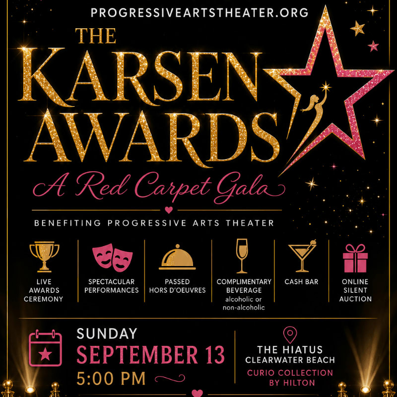 A glittering gold and pink "Karsen Awards" logo with a star dominates the foreground, set against a dark background featuring event details and icons.