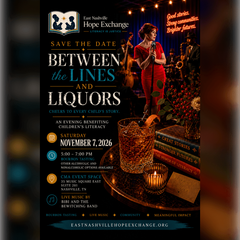 A promotional flyer for a literacy benefit event features a woman singing in a red dress in the foreground, with a jazz band and a dark stage background.