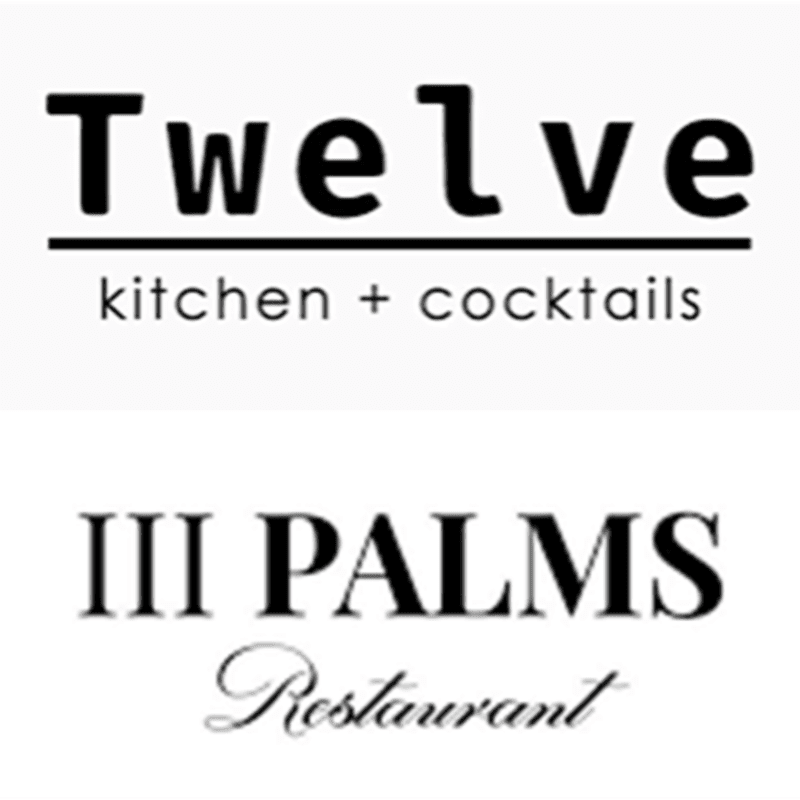 Two black logos for "Twelve kitchen + cocktails" and "III PALMS Restaurant" are displayed against a plain white background.