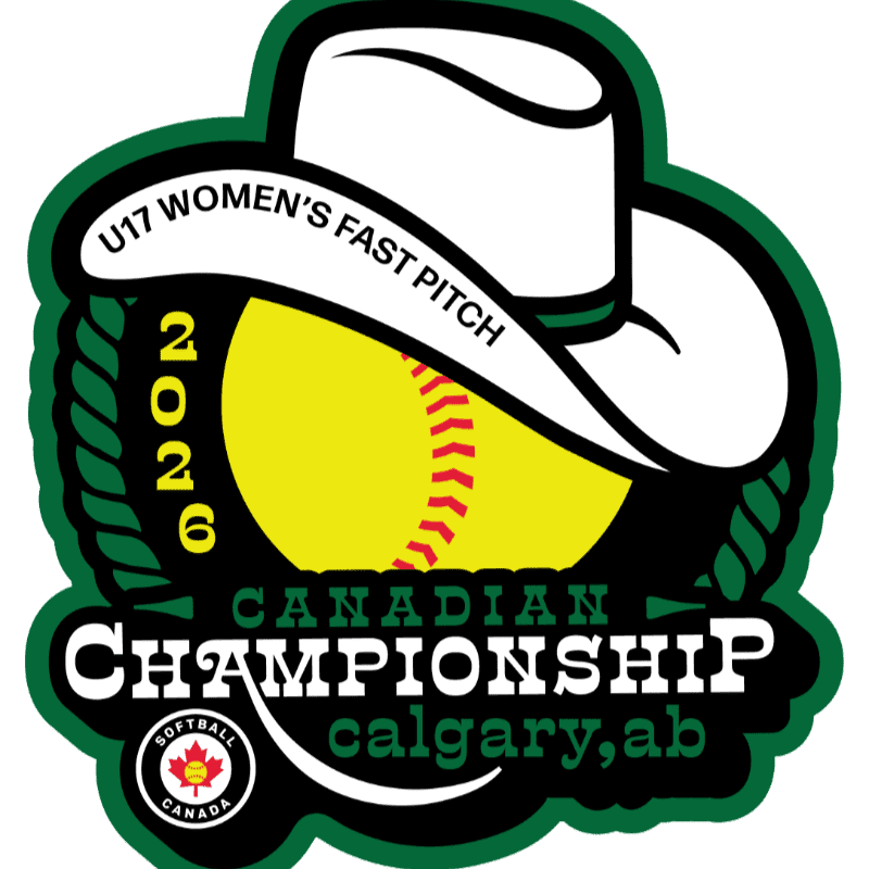 A white cowboy hat with a green band sits atop a yellow softball with red stitching, set against a dark green rope border and white background, with text indicating "U17 Women's Fast Pitch 2026 Canadian Championship Calgary, AB".