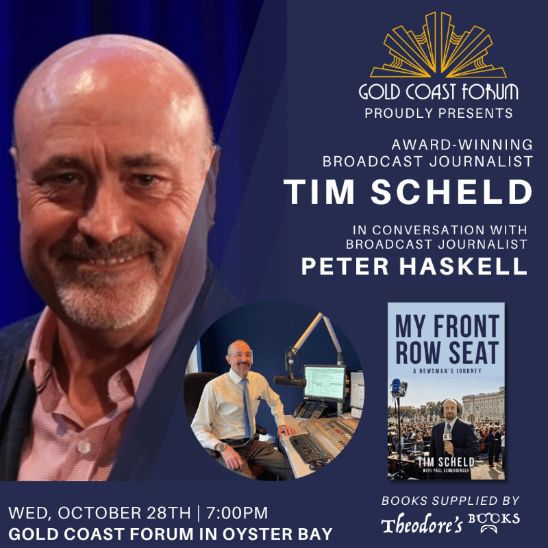 A portrait of Tim Scheld and event details occupy the foreground against a dark blue background featuring the Gold Coast Forum logo.