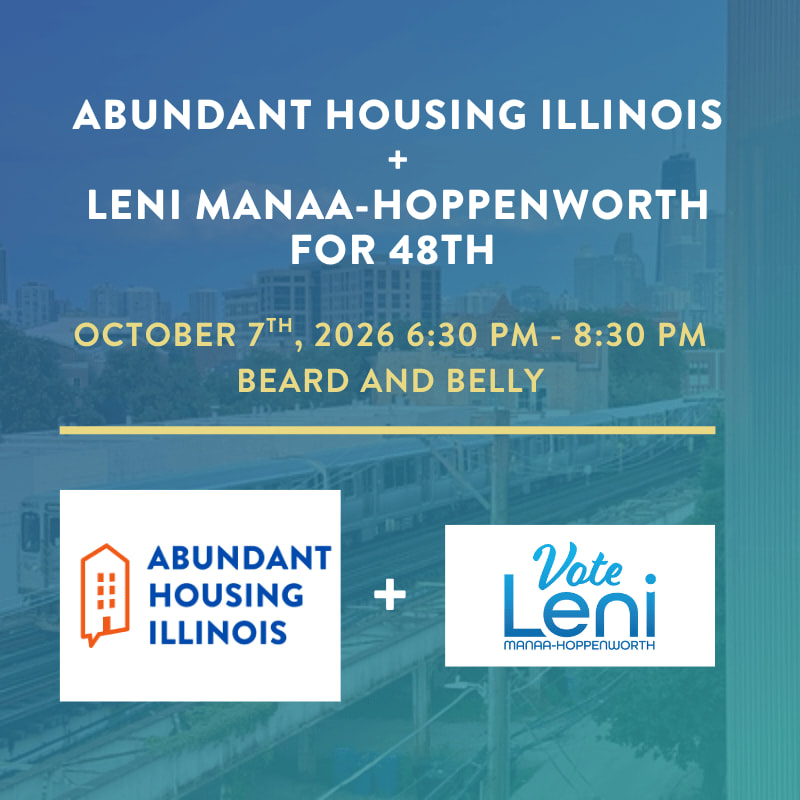A graphic advertises an event for Abundant Housing Illinois and Patrick Gilsenan for 32nd, featuring Drake Warren as a special guest, with a city skyline in the background and a photo of a man in the foreground.