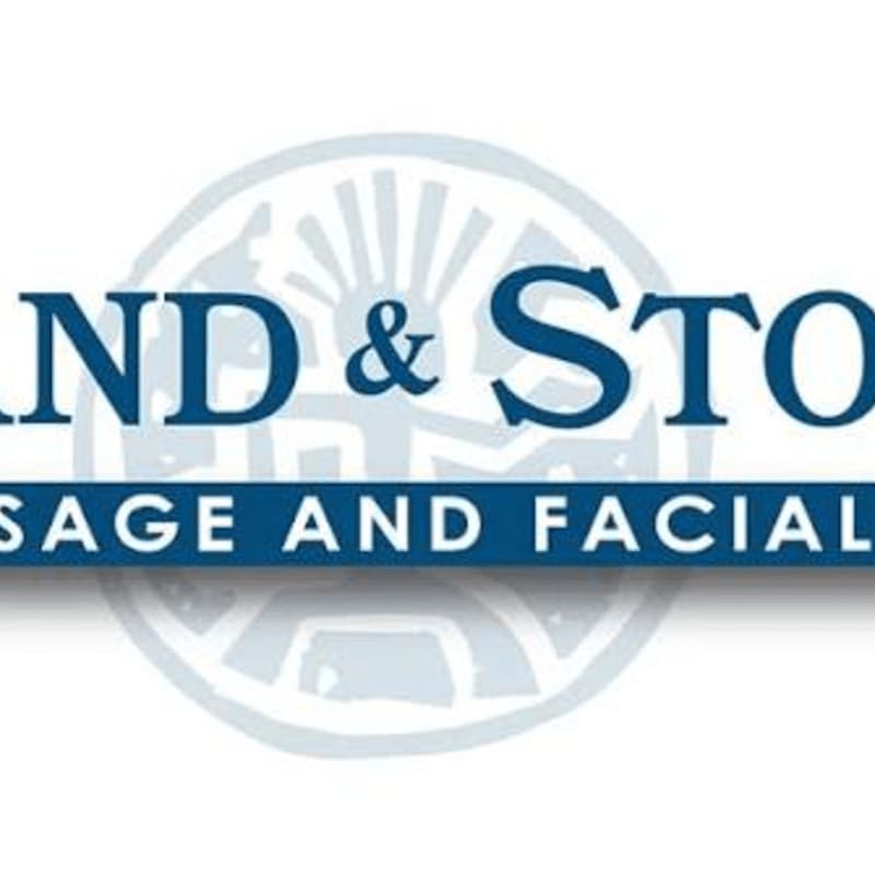 Blue text reading "AND & STO" and "SAGE AND FACIAL" sits in the foreground over a light blue circular emblem on a white background.