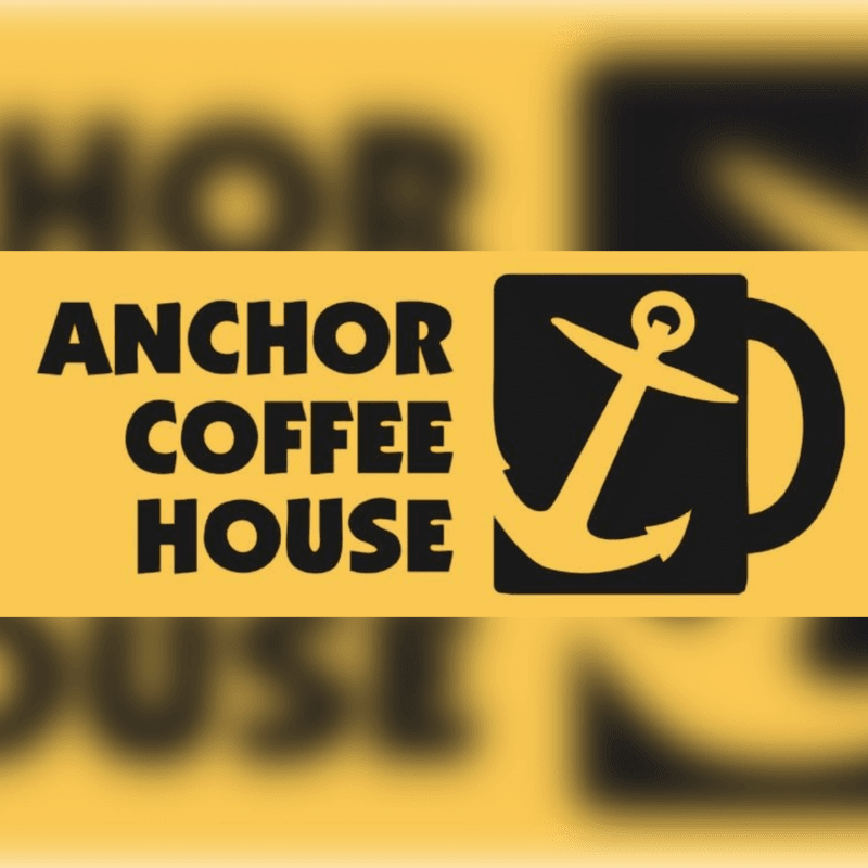 A black logo for "Anchor Coffee House" with a coffee mug icon featuring an anchor is centered on a yellow background.