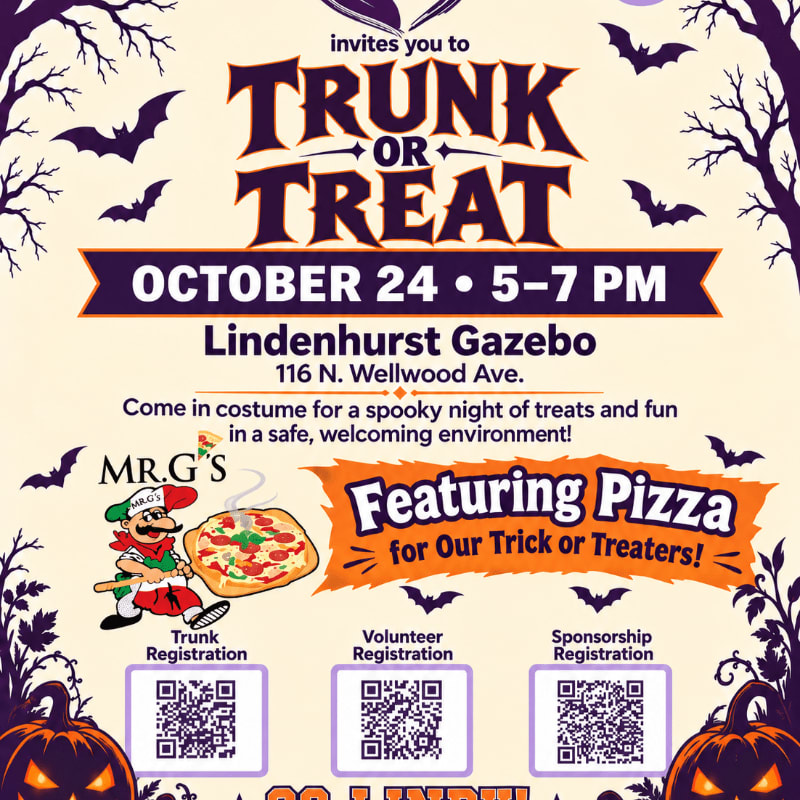 A Halloween "Trunk or Treat" event flyer features bold purple text and pizza graphics in the foreground, framed by spooky black silhouettes of bats and leafless trees against a light purple background.