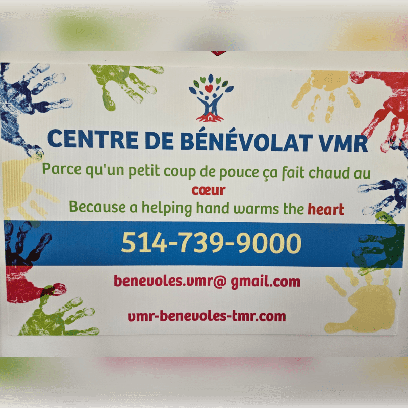A business card for Centre de Bénévolat VMR featuring contact information and a heart logo in the foreground, set against a white background decorated with colorful handprints.