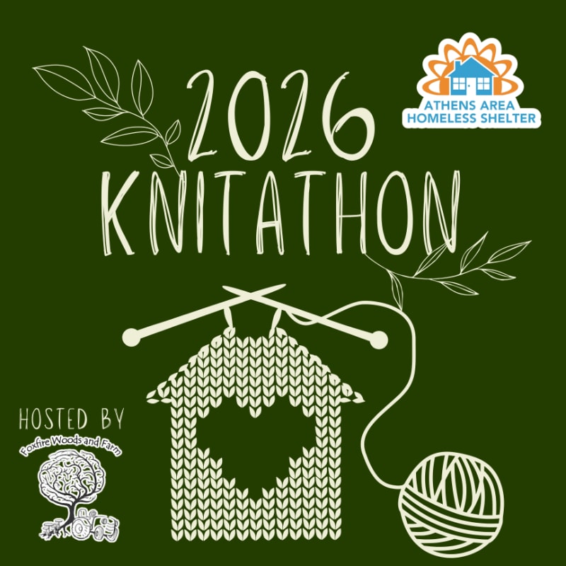 White text and graphics for a "2026 Knitathon" event, including a knitted house and yarn, are set against a solid dark green background.