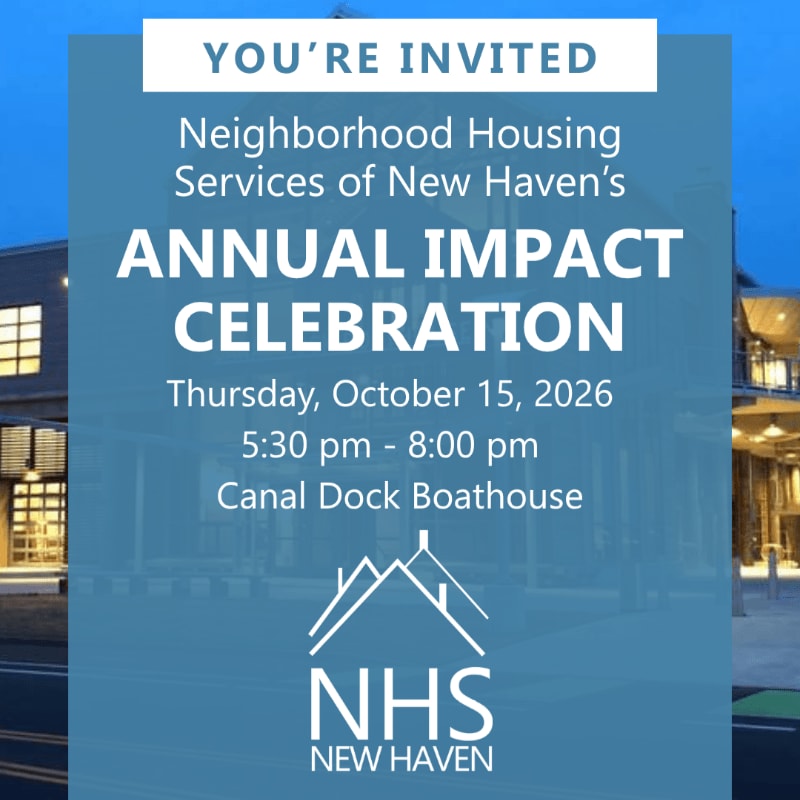 A blue invitation overlay with white text for an annual impact celebration sits atop a blurred evening background of a city street and buildings.