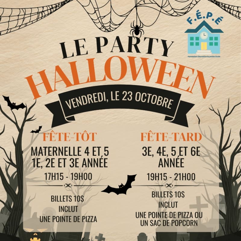 A Halloween party flyer with orange and black text is set against a spooky background of spiderwebs, bats, and bare trees.