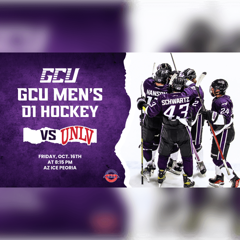 A purple promotional graphic for a GCU Men's D1 Hockey game against UNLV is positioned on the left, while a group of hockey players in purple and black uniforms huddle on the ice in the background.