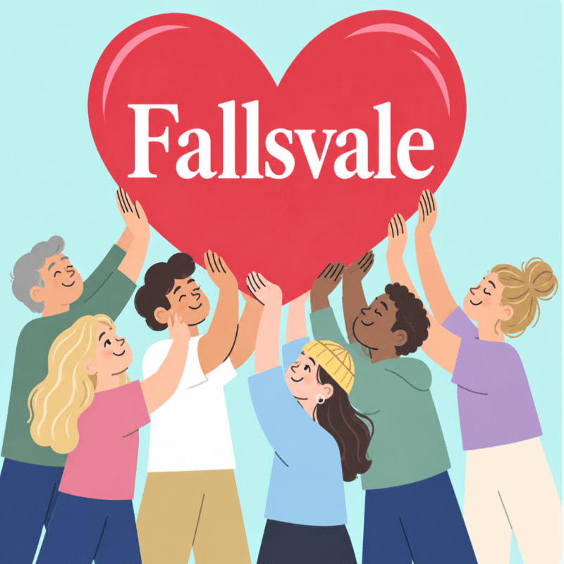 A diverse group of people holds up a large red heart with the word "Fallsvale" written on it against a light blue background.