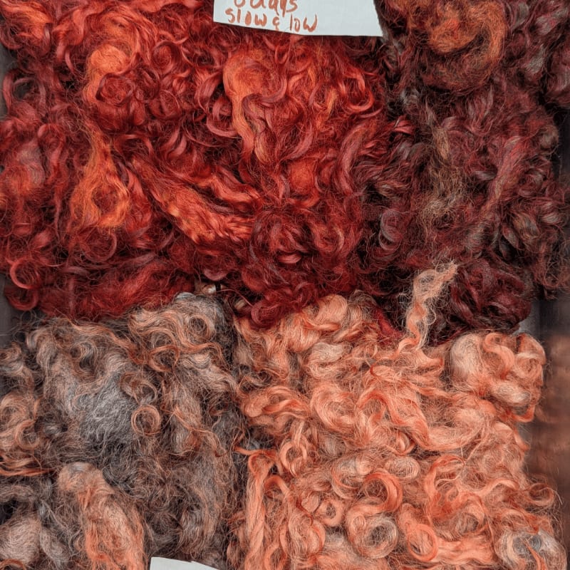 Four piles of curly wool in shades of red, brown, grey, and peach fill the frame, with a small white label visible at the top.