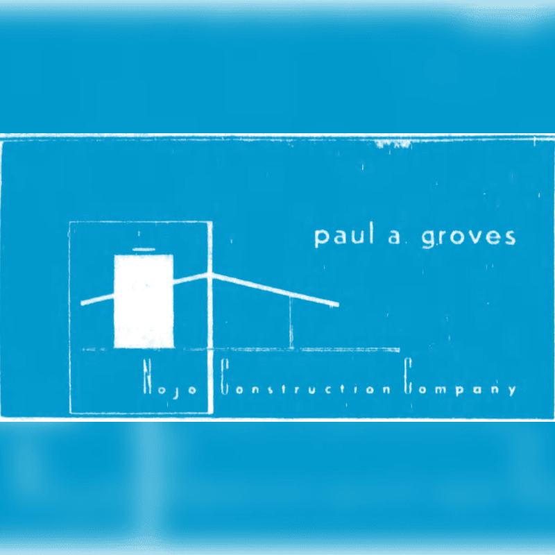 White text and a geometric logo for "paul a. groves Nojo Construction Company" are set against a blue background.