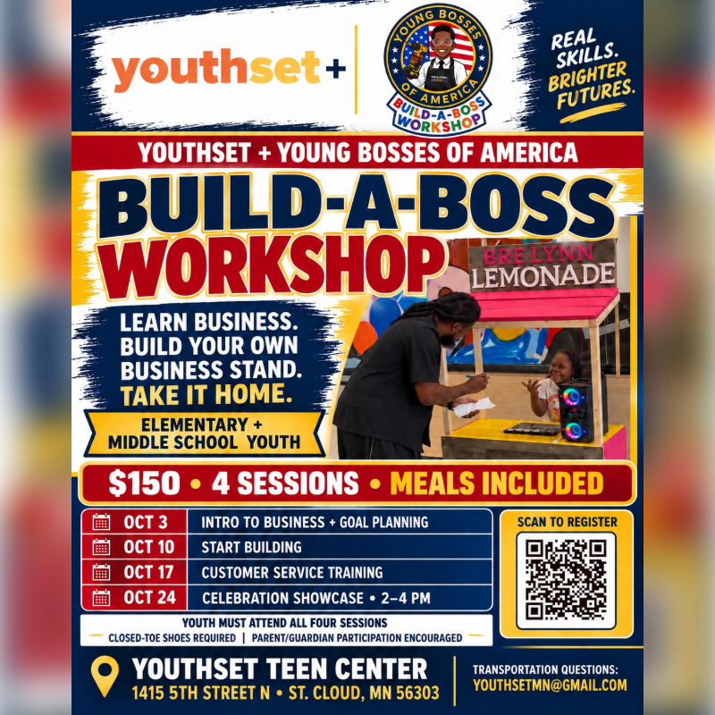A promotional flyer for a "Build-A-Boss Workshop" features a man and a young girl at a lemonade stand in the foreground against a colorful, text-heavy background.