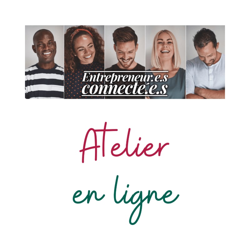 Five smiling people appear in a row at the top, with the French text "Atelier en ligne" centered against a plain white background.