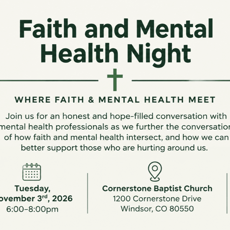 Dark green text announcing a "Faith and Mental Health Night" event is centered over a plain white background.
