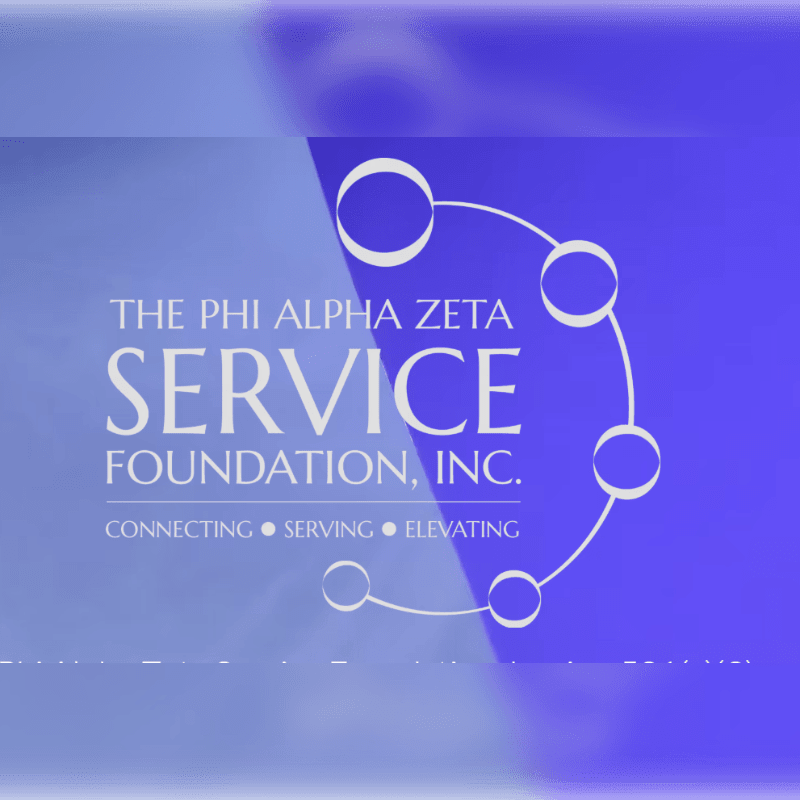 White text for "The Phi Alpha Zeta Service Foundation, Inc." and a connected circle graphic sit in the foreground against a gradient blue and purple background.