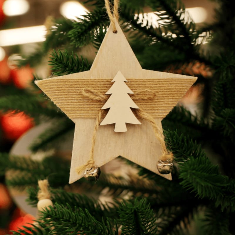 A wooden star ornament with a small tree cutout hangs from the green branches of a Christmas tree.