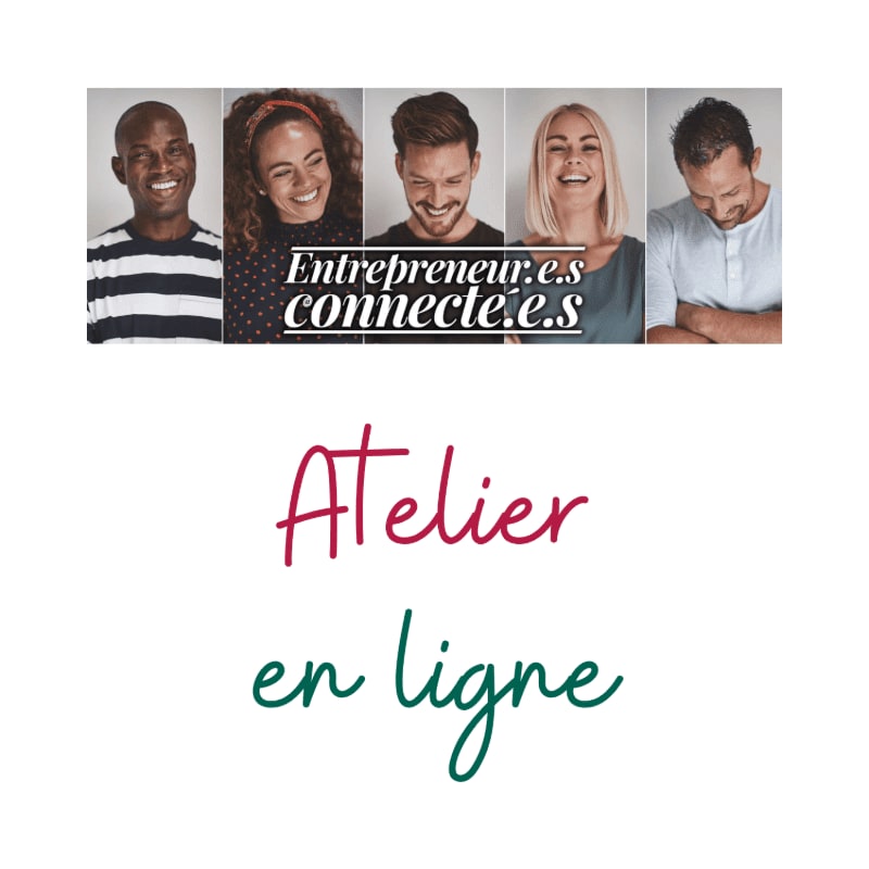 Five smiling people appear in a row at the top, with the French text "Atelier en ligne" centered against a plain white background.
