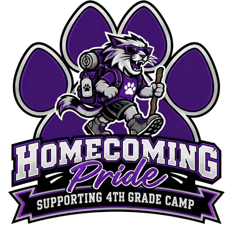 An anthropomorphic wildcat hiker with a backpack and walking stick stands in the foreground against a large purple paw print background, above the text "HOMECOMING Pride SUPPORTING 4TH GRADE CAMP."