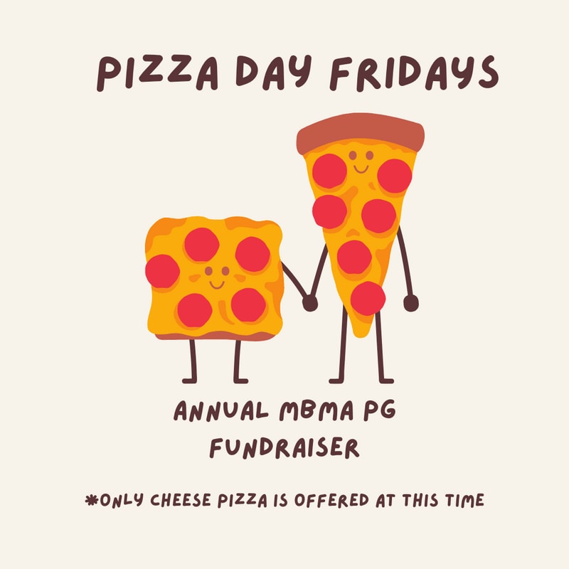 Two cute, anthropomorphic pizza slices hold hands in the foreground against a plain cream background with text announcing "Pizza Day Fridays" and a fundraiser.