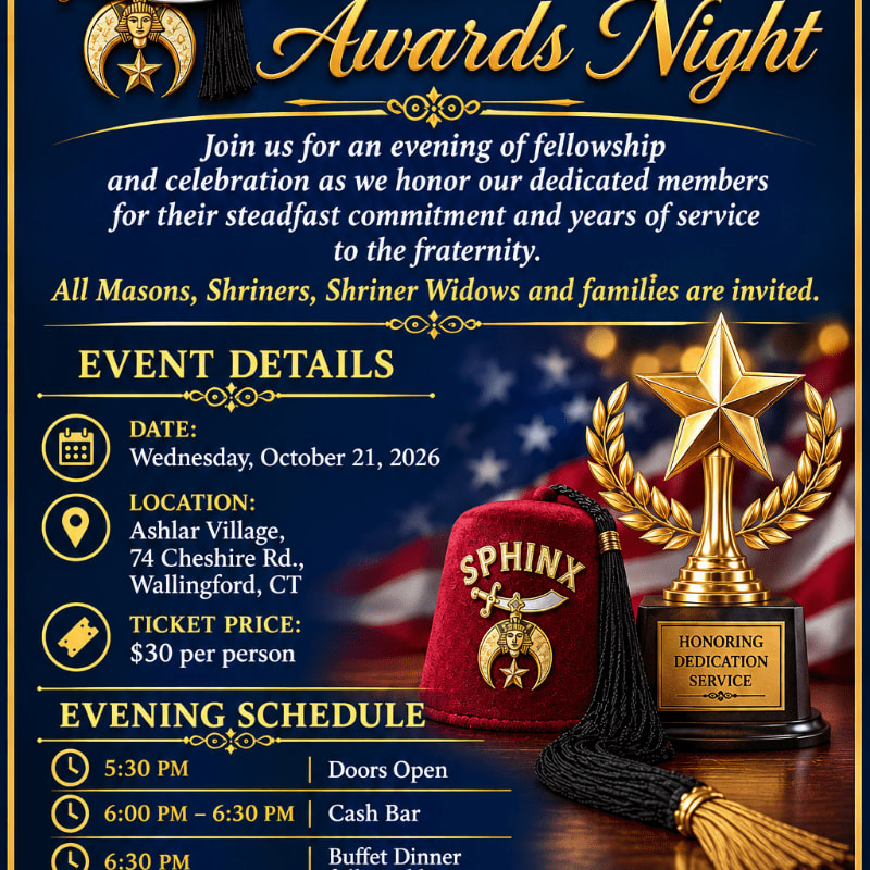 An event flyer for "Awards Night" features a red sphinx fez and a gold star trophy in the foreground against a background of a blurred American flag and event details.