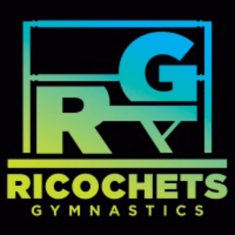 A gradient blue-to-green "RG" logo and the text "RICOCHETS GYMNASTICS" are set against a solid black background.