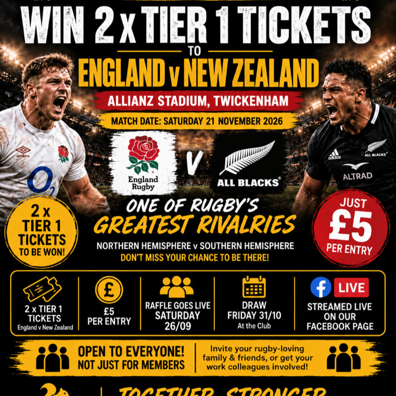 Two shouting rugby players face each other in the foreground against a dark, textured background featuring promotional text for a ticket giveaway to an England vs. New Zealand match.