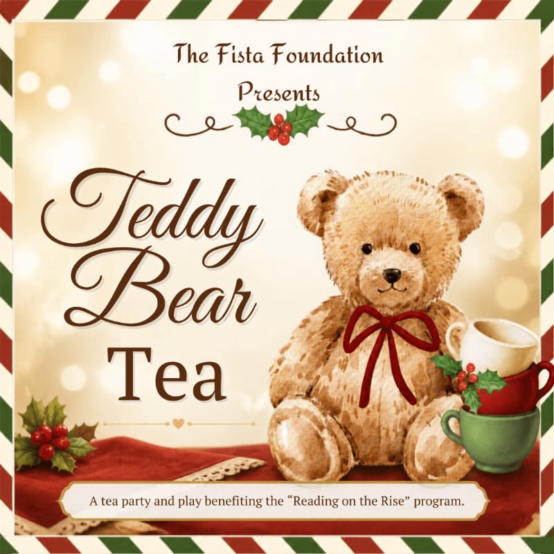 A teddy bear with a red bow sits next to stacked teacups on a red cloth, set against a soft, blurred golden background with event text.